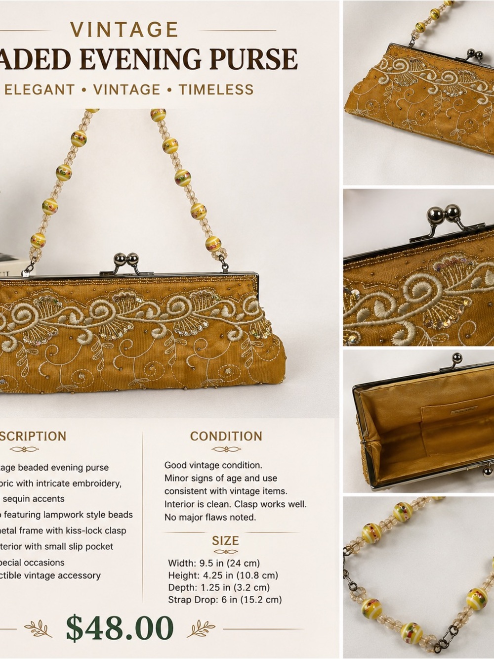 Vintage Beaded Evening Purse - Mustard Gold